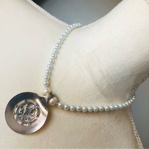 Handcrafted repurpose vintage Oneida bon bon pendant Czech glass Pearl necklace